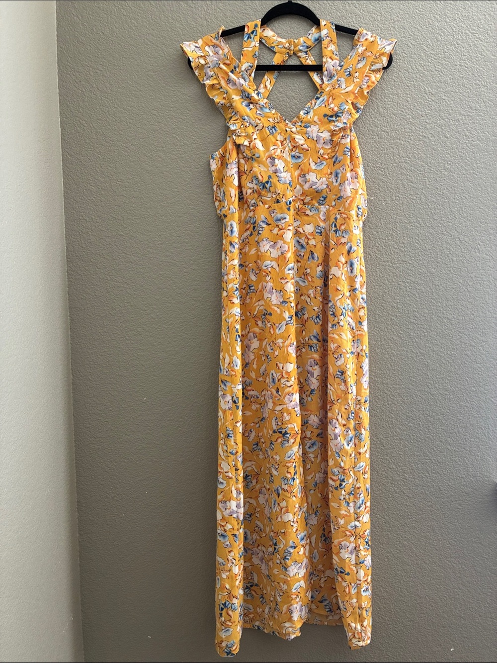 Collective Concepts Yellow Floral Midi Dress. Front Middle Slit.